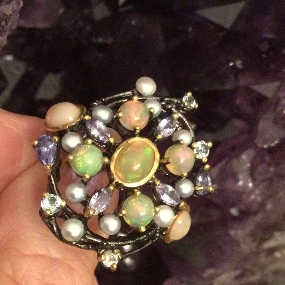Genuine Natural Opals, Tanzanite & Pearls Ring - Picture 11 of 15
